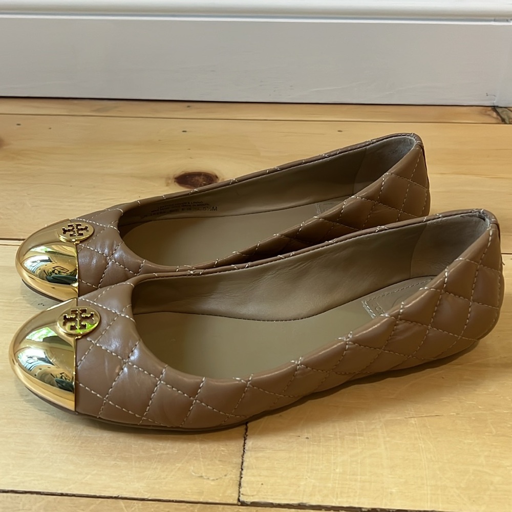 Tory Burch Quilted Tan Flats with Gold Accents